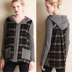 Moth Anthropologie Plaid Derry Cable Knit Hooded Sweater Jacket, Size XL
